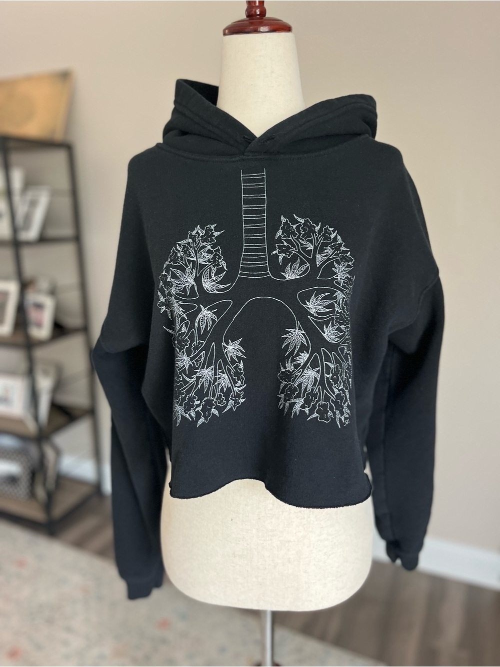 Cropped & Slightly Distressed Black Hoodie Sweatshirt with White Lungs Graphic